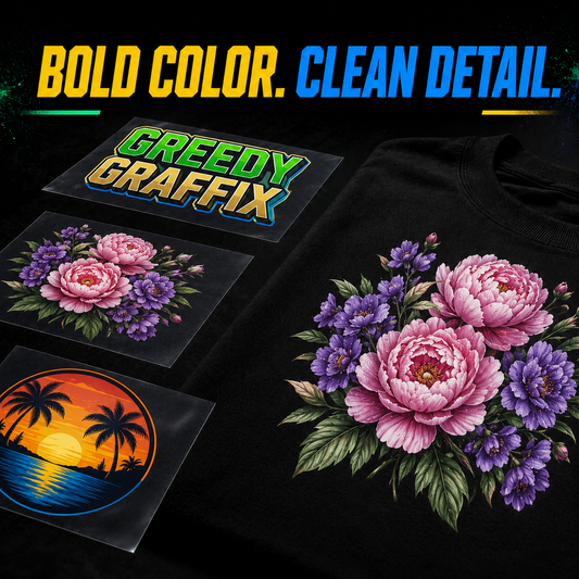 Bold color and clean detail shown on Greedy Graffix DTF transfers