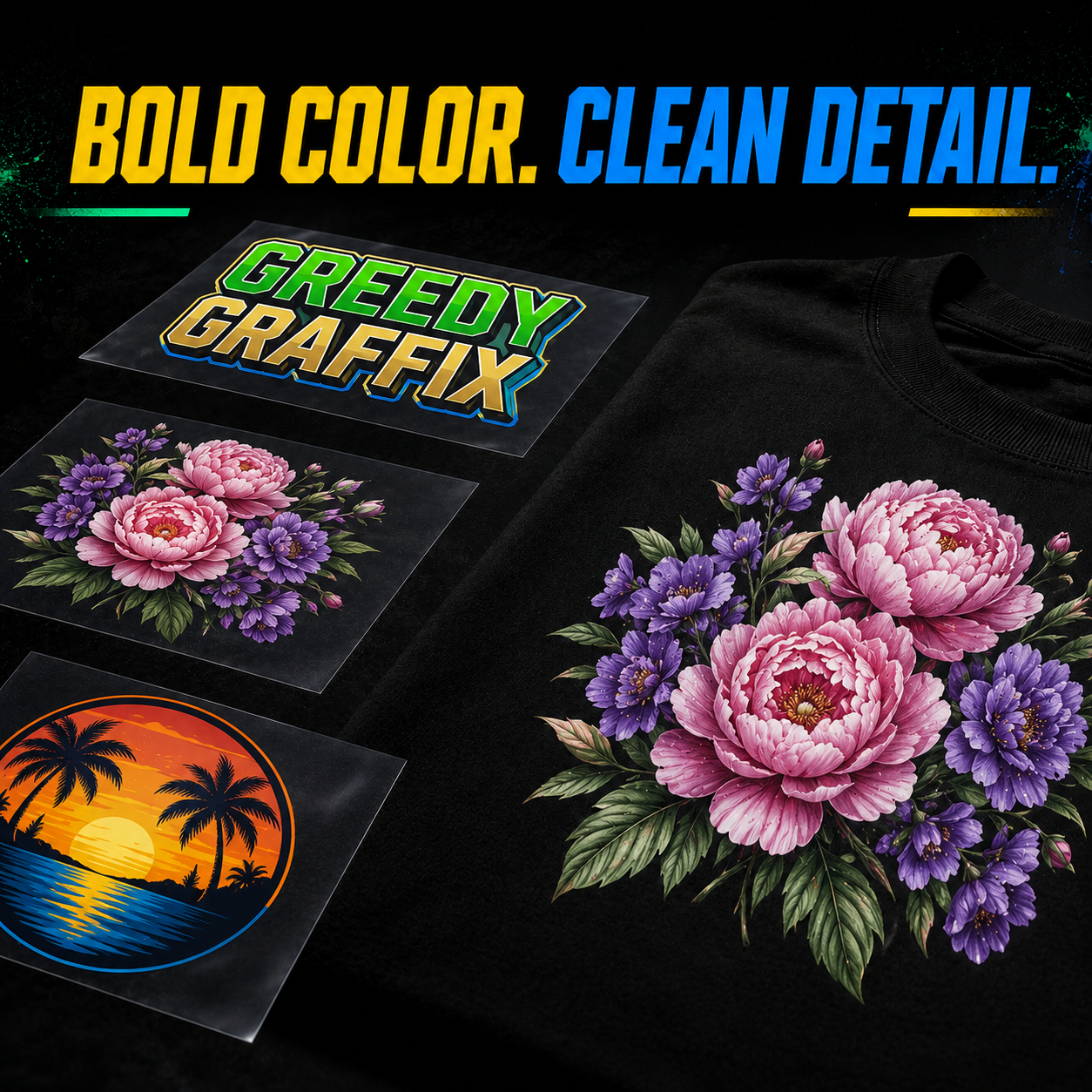 Bold color and clean detail shown on Greedy Graffix DTF transfers