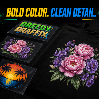 Bold color and clean detail shown on Greedy Graffix DTF transfers